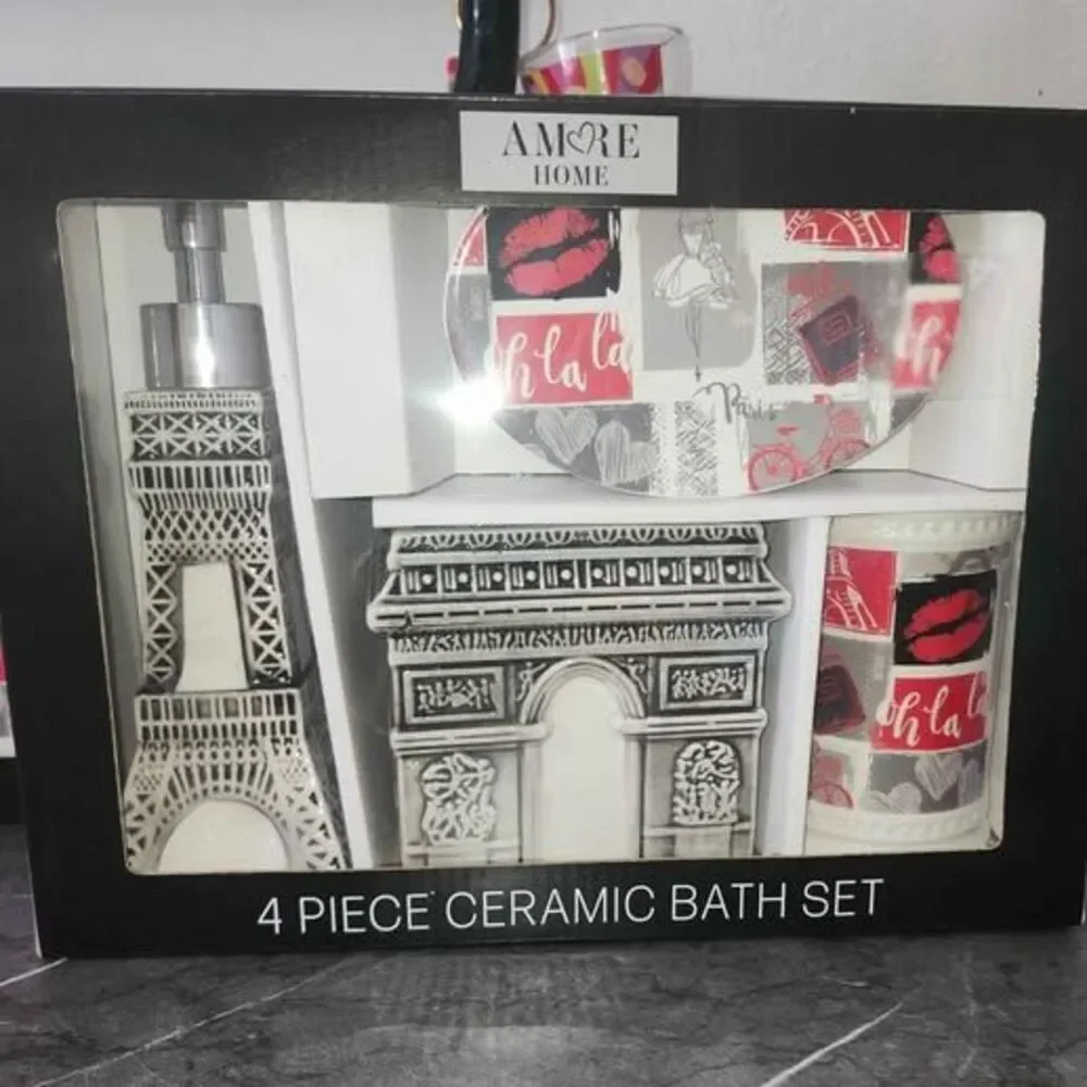Paris Theme 4 Ceramic Bath Set Eiffel Tower Arc de Triomphe